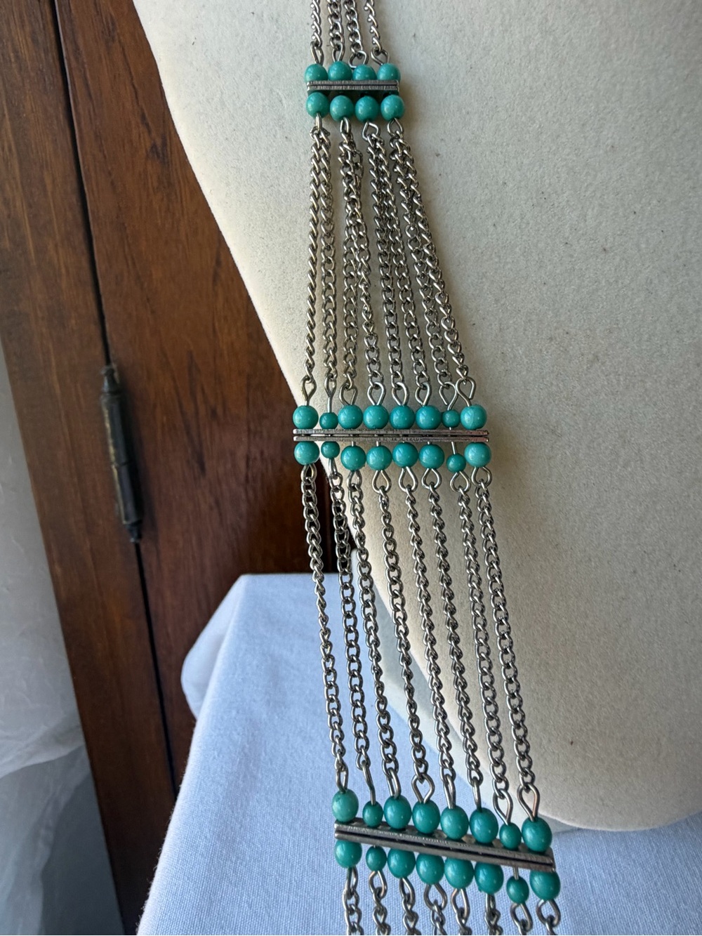 Long Silver Tone Multi Strand Chain Necklace Turquoise Bead Boho Statement - Picture 3 of 9